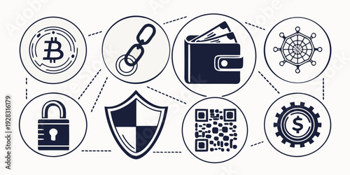 A collection of icons representing various aspects of cybersecurity and digital protection. Vector