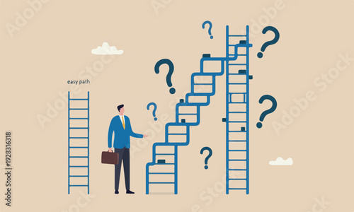 ladder opportunity, climbing ladder with obstacle concept, businessmen about to climb up easy and difficult career ladder