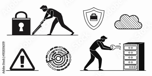 Illustrations of cybersecurity threats and protective measures Vector