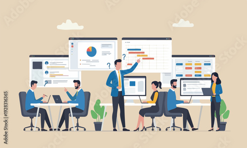  Task management finish work on schedule, project plan or efficiency work concept, business people team manage tasks assignment on computer laptop