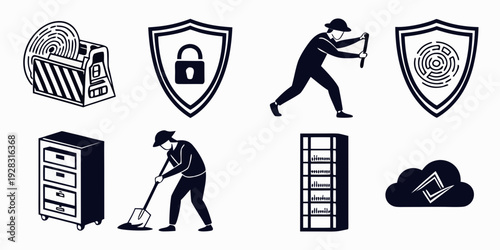 A collection of security and surveillance icons representing protection and safety measures Vector