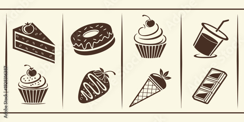 Assorted pastries and desserts including cakes, cupcakes, and ice cream. Vector