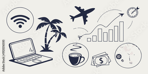 Illustrations of various symbols representing technology, travel, and business growth Vector