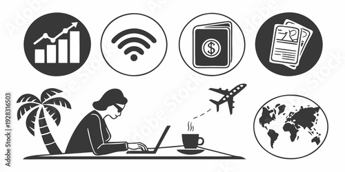 Remote worker enjoying a coffee while managing global business operations. Vector