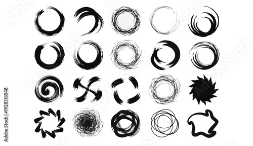 Circular Grunge Brush Strokes and Zen Enso Style Hand Drawn Rings