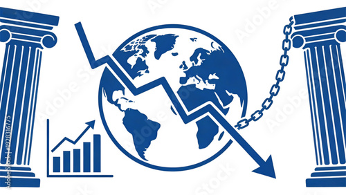 A 3d global business illustration featuring a world map with a barcode, globe, and dollar symbol to represent finance and internet success across the planet