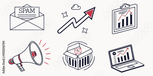 Icons representing various aspects of business and communication. Vector