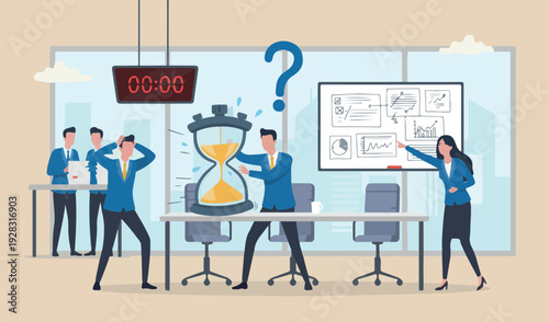 Time pressure or running of time, stress or anxiety finish aggressive meeting marketing businessman squeezed timer analysis clock