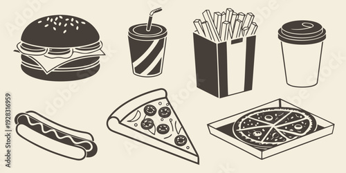 Assorted fast food items including burgers, fries, and drinks Vector