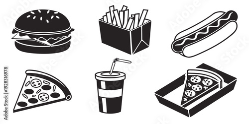 A delightful assortment of fast food items including burgers, fries, hot dogs, pizza, soda, and ice cream. Vector