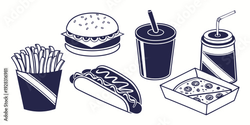 A delightful assortment of fast food items including fries, a burger, a taco, a drink, and a soda. Vector