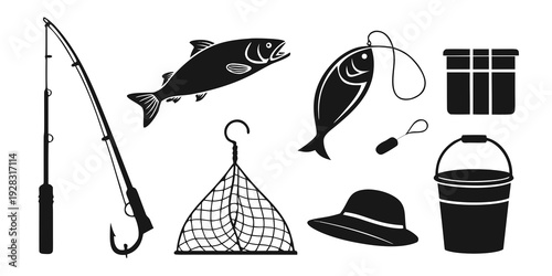 Assorted fishing gear and equipment illustrated in black and white Vector