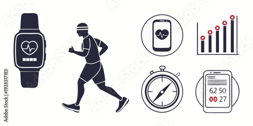 Athletic woman running with smartwatch and fitness tracking icons Vector