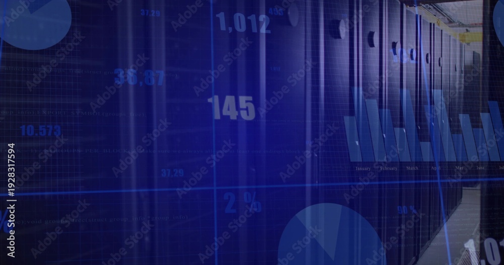 Obraz premium Leading dark server racks receding down data center aisle, showing perforated doors and LED lights