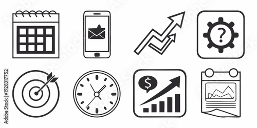 Icons representing various aspects of business and project management. Vector