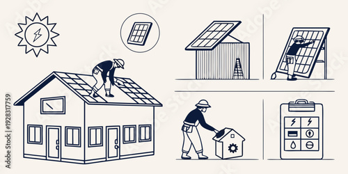 Illustration depicting various aspects of a modern and sustainable home. Vector