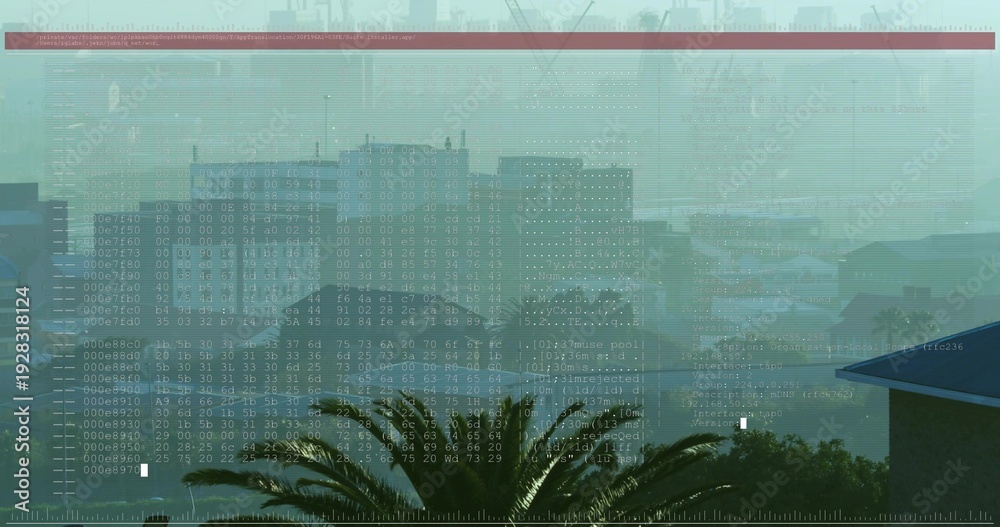 Obraz premium Framing mid-rise building cluster with palm tree from balcony, showing hazy harbor HUD overlay