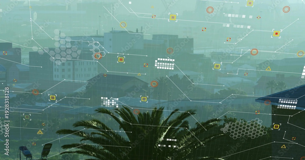 Fototapeta premium Framing mature palm tree spreading fronds over foggy urban rooftops, showing HUD overlay and chairs