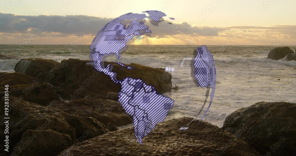 Obraz premium Floating faint purple hatched globe hovering above rocky shoreline at sunset, with pools and waves
