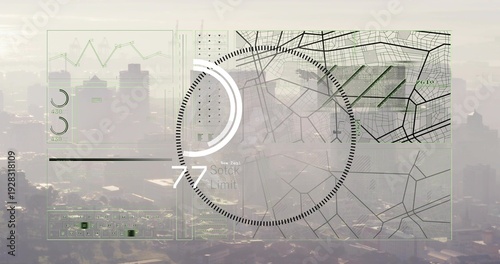 Displaying HUD overlay over hazy aerial cityscape, showing dotted circular gauge, wireframe maps