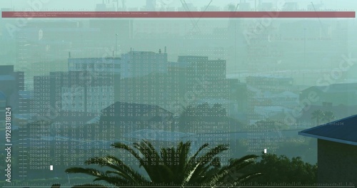 Framing mid-rise building cluster with palm tree from balcony, showing hazy harbor HUD overlay