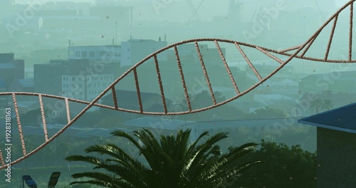 Floating rope-like double-helix spanning city rooftop skyline, showing palm tree and lounge chairs