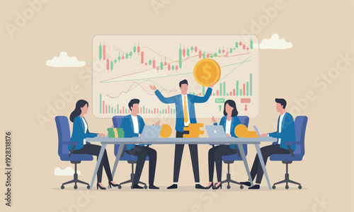 Stock market industrial,meeting teams together investment or wealth management, trend following concept, businessman trader hold money dollar coin with chart and graph