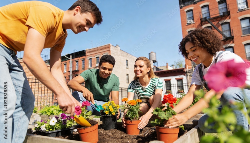 Obraz premium Diverse young friends gardening together on urban rooftop, planting flowers in pots, community urban farming, sunny day