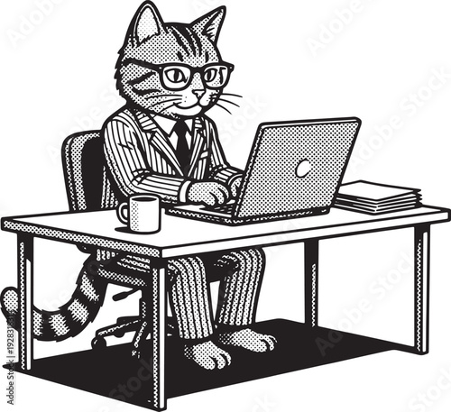 Anthropomorphic cat businessman in suit working on laptop at desk, retro halftone pop art style vector illustration