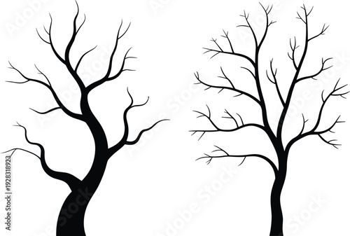 Black Leafless Tree Silhouettes Isolated on White Background, Minimalist Winter Nature Illustration with Bare Branches, Spooky Gothic Forest Vector Graphic for Halloween Design