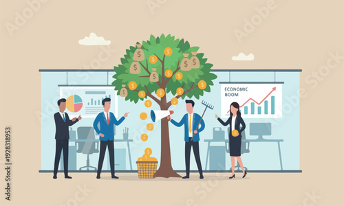 Harvest investin, businessman harvesting dollar coin from growing money tree