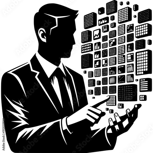 Data Visualization & The Decision Maker: A silhouette of a professional in a formal suit engages with a dynamic array of data representations.