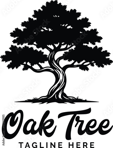 Black Oak Tree Logo Design Vector Illustration with Vintage Typography, Elegant Nature Emblem Silhouette, Isolated on White Background for Branding Identity