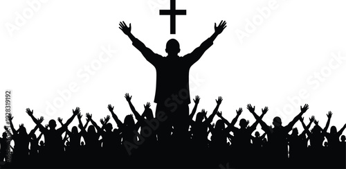 Christian worship silhouette, people raising arms, cross above, faith unity, spiritual praise, religious devotion, communal celebration, black white illustration, spirituality icon