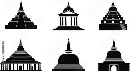 Black vector silhouette collection featuring ancient Buddhist pagodas, religious stupas, traditional Asian temple architecture, and sacred monuments on white background.