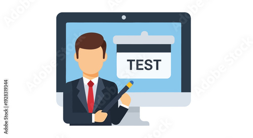 Illustration of a person presenting with a digital screen displaying the word test