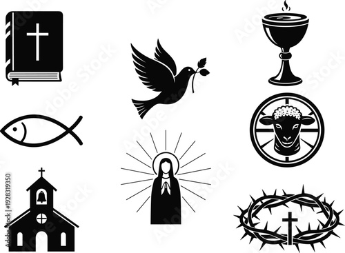 Christian religious icons silhouette, Bible cross, dove peace, chalice communion, fish Ichthys, lamb of God, church building, crown thorns, saint halo