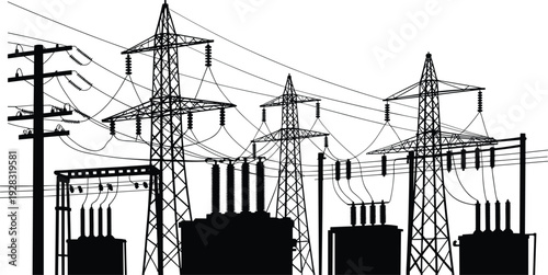 High Voltage Power Plant and Transmission Towers Silhouette Isolated on White Background, Electrical Substation with Power Lines Industrial Energy Infrastructure Vector Illustration