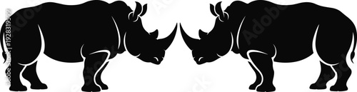 Black silhouette of two wolves facing each other in the grass, wild predator animal vector illustration for wilderness or nature.
