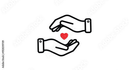 Two hands holding a red heart in a simple line drawing style