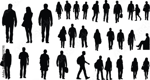 Large collection of walking and standing people silhouettes featuring various urban pedestrian poses for architectural visualizations cad drawing flat vector illustration design