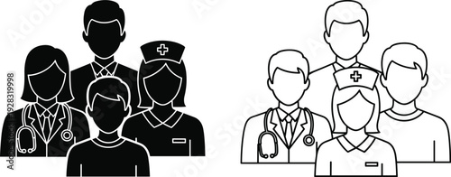 Medical team icons set including doctors and nurses in solid black and thin line art style, cad drawing flat vector illustration, healthcare staff