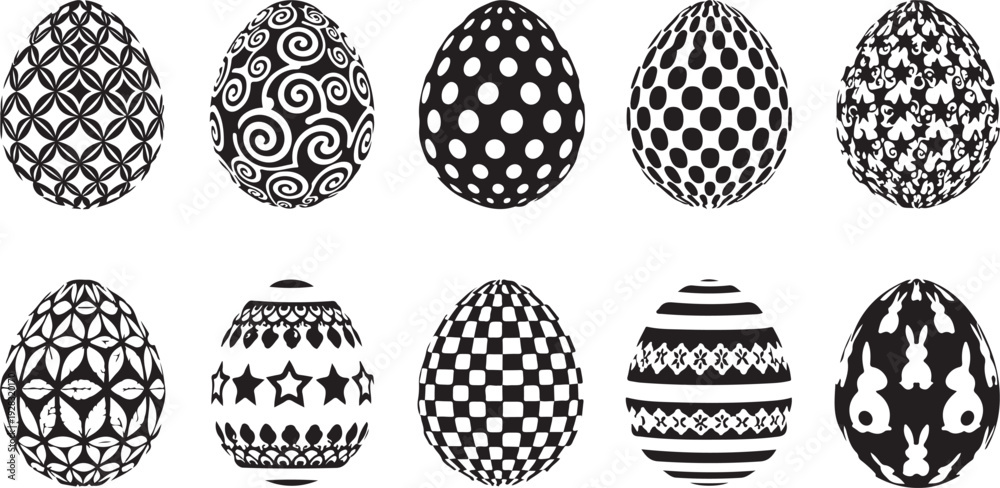 Fototapeta premium Collection of 10 unique black and white easter egg designs with various patterns