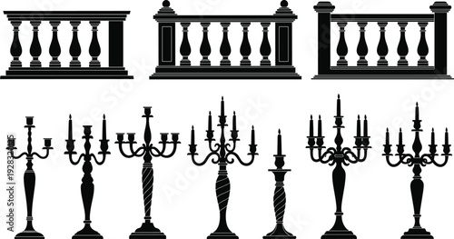 Black vector silhouette collection featuring classic stone balustrades, ornate multi-arm candelabras, decorative candle holders, and historical architectural elements on white background.