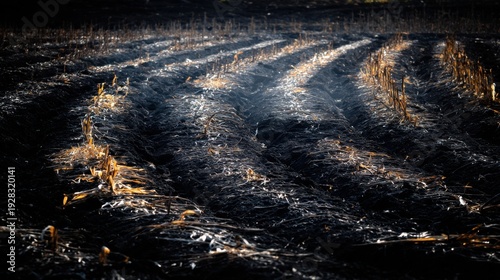 Intricate pattern of scorched earth and ash from a destructive event