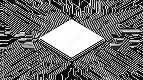 Seamless black and white abstract background featuring a digital circuit board pattern with electronic microchip lines and computer technology vector design