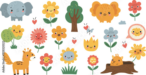 A cute seamless vector pattern featuring a set of funny cartoon baby animals including a cat, dog, tiger, lion, bear, horse, elephant, rabbit, cow, and bird for a kid zoo illustration