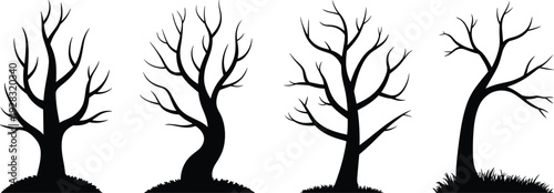 Set of bare tree silhouettes with grass isolated on white background minimalist winter forest vector illustration collection
