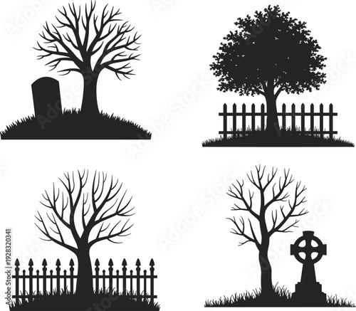 Set of cemetery tree silhouettes with gravestones and fence isolated on white background spooky graveyard landscape vector illustration collection