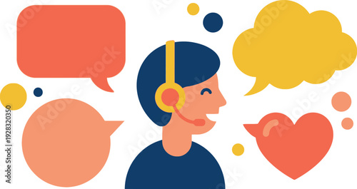 A customer service representative wearing a headset with colorful speech bubbles around them
